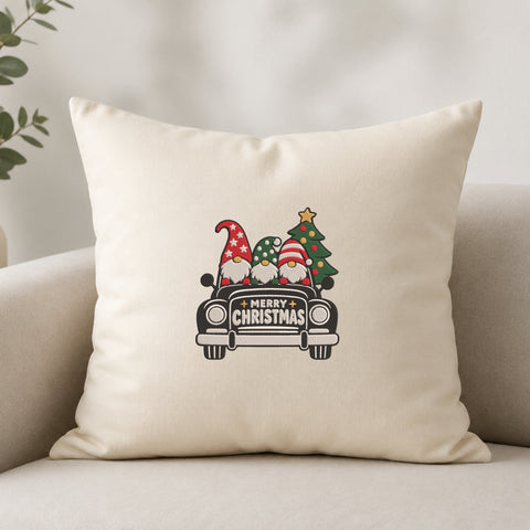 EF683. Christmas Gnomes Vintage Car & Tree - White_Pillow.jpg