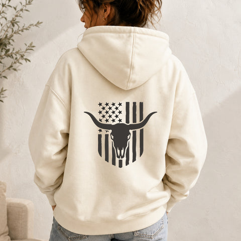 EF730. Western Longhorn Skull American Flag - White_Hoodie.jpg