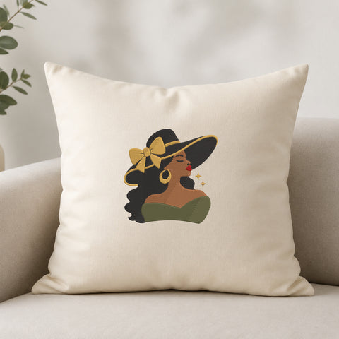 EF736. Black Woman Sun Hat Gold Bow - White_Pillow.jpg