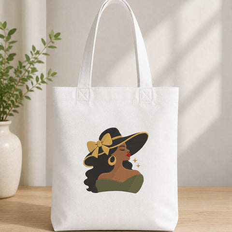 EF736. Black Woman Sun Hat Gold Bow - White_Totebag.jpg