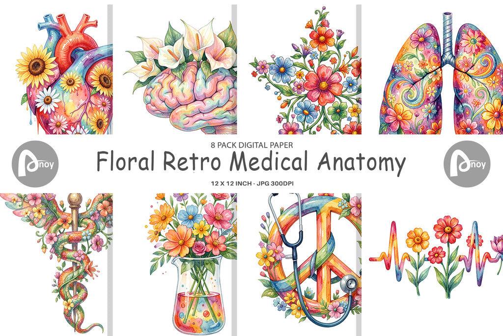 Digital Paper Watercolor Floral Retro Medical Anatomy - So Fontsy