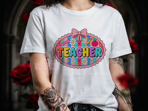 TS190626010 Coquette Teacher Pink T-Shirt PNG, Pink Border, Teacher Shirt, Feminine Style, Sublimation PNG, Classroom Fashion, Cute TeacherA.jpg