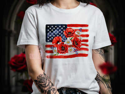 TS190626015 Floral Patriotic Flag T-Shirt PNG, Watercolor USA, Patriotic Shirt, Abstract American Flag, Sublimation PNG, Red White Blue, Independence DayA.jpg
