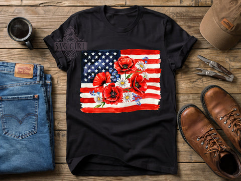 TS190626015 Floral Patriotic Flag T-Shirt PNG, Watercolor USA, Patriotic Shirt, Abstract American Flag, Sublimation PNG, Red White Blue, Independence DayB.jpg