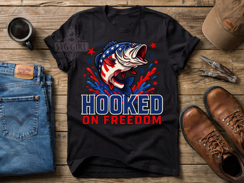 TS190626025 Hooked On Freedom T-Shirt PNG, Patriotic Bass, American Flag Fish, Sublimation PNG, Independence Day Shirt, Fishing Pride, Red White BlueB.jpg