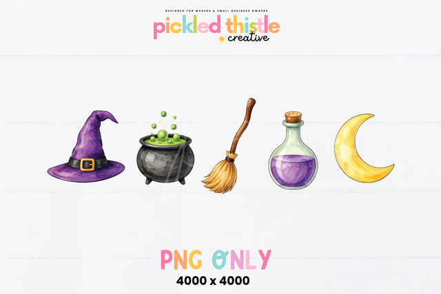 Watercolor Halloween PNG Set With Bubbling Cauldron and Broom.png