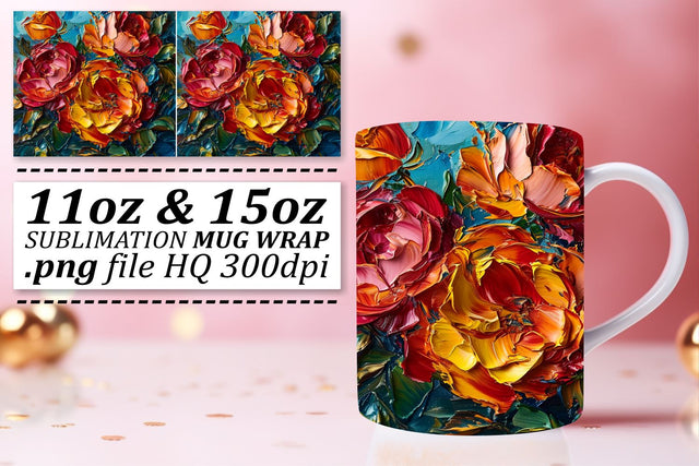 A Coffee Lover's Dream: Sublimation Mug Wrap Featuring Colorful Oil Painted Flowers - 11oz & 15oz Sublimation afrosvg 