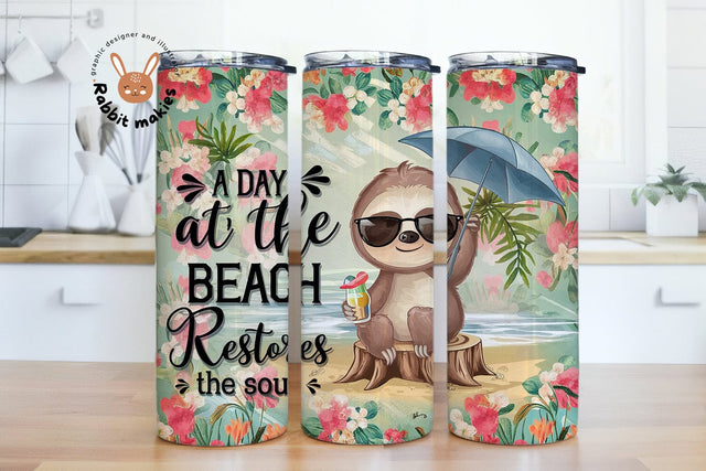 A Day at the Beach Restores the Soul 20 oz Skinny Tumbler PNG Sublimation Rabbitmakies 
