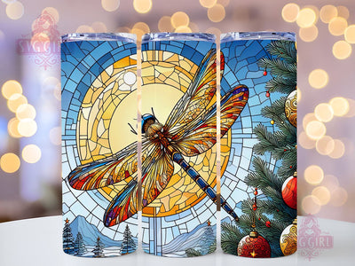 A Dragonfly Sitting On Top Of A Stained Glass Window Tumbler, Dragonflies 20oz Skinny Tumbler Sublimation Design Templates, Straight PNG File Download Sublimation SvggirlplusArt 