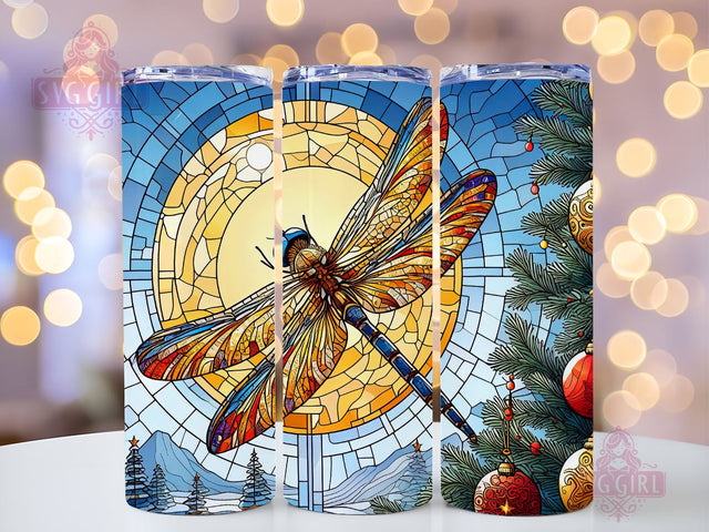 A Dragonfly Sitting On Top Of A Stained Glass Window Tumbler, Dragonflies 20oz Skinny Tumbler Sublimation Design Templates, Straight PNG File Download Sublimation SvggirlplusArt 