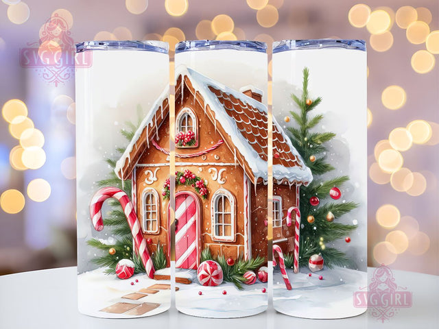 A Painting Of A Gingerbread House With Candy Canes Tumbler, Gingerbread House Tumbler Wrap, 20 oz Skinny Tumbler, Sublimation Digital Design Sublimation SvggirlplusArt 