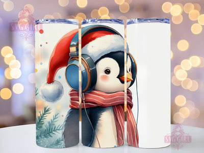 A Penguin Wearing Headphones And A Scarf Tumbler, Christmas Penguin 20oz Skinny Tumbler Sublimation Wrap, Penguin Tumbler PNG Sublimation SvggirlplusArt 