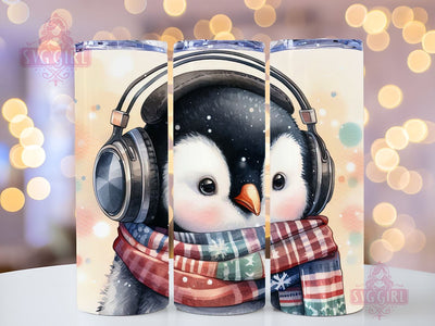 A Penguin Wearing Headphones Tumbler, Christmas Penguin Tumbler Wrap, 20oz Skinny Sublimation Tumbler Designs, Penguin Sublimation Design, Christmas Tumbler Png Digital Downloads Sublimation SvggirlplusArt 