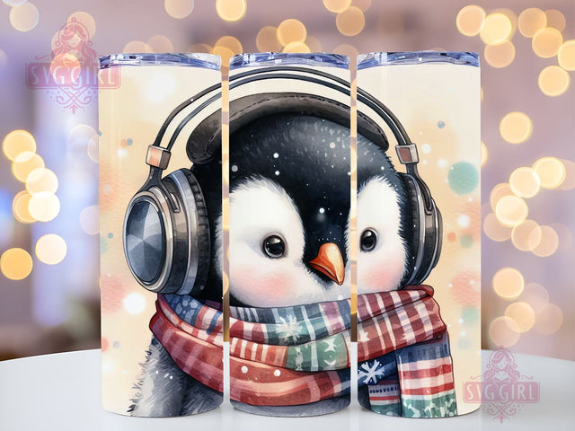 A Penguin Wearing Headphones Tumbler, Christmas Penguin Tumbler Wrap, 20oz Skinny Sublimation Tumbler Designs, Penguin Sublimation Design, Christmas Tumbler Png Digital Downloads Sublimation SvggirlplusArt 