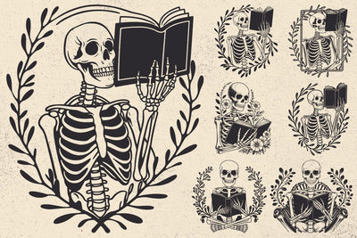 A skeleton reading Book svg, Book lover svg, Reader Bookish svg, Book with flowers svg files SVG DesignDestine 