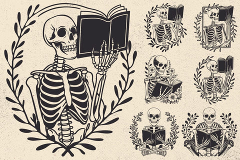 A skeleton reading Book svg, Book lover svg, Reader Bookish svg, Book with flowers svg files SVG DesignDestine 