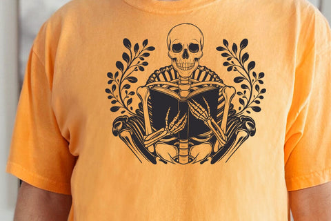 A skeleton reading Book svg, Book lover svg, Reader Bookish svg, Book with flowers svg files SVG DesignDestine 