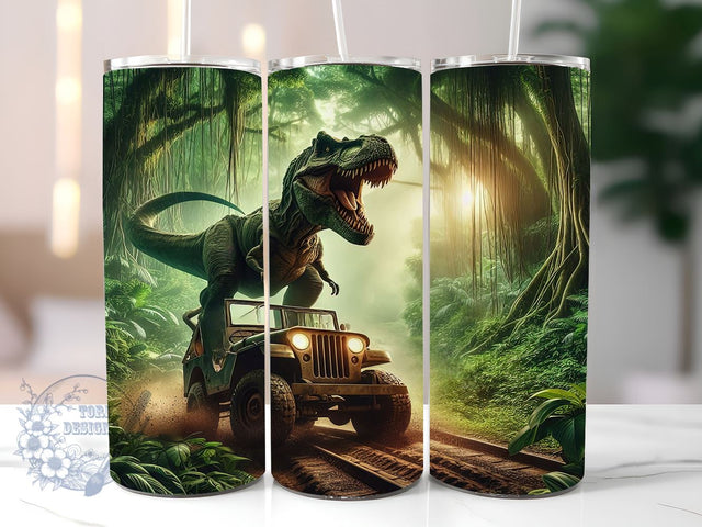 A T-Rex Chasing A Car 20oz Skinny Tumbler, Dinosaur In The Jungle Tumbler Png, Straight & Tapered Tumbler Wrap, Instant Digital Download Sublimation ToriDesigns 