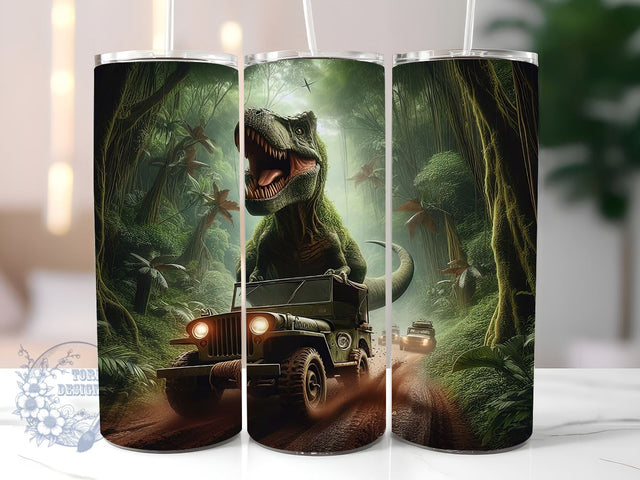 A T-Rex Chasing A Car 20oz Skinny Tumbler, Dinosaur In The Jungle Tumbler Png, Straight & Tapered Tumbler Wrap, Instant Digital Download Sublimation ToriDesigns 