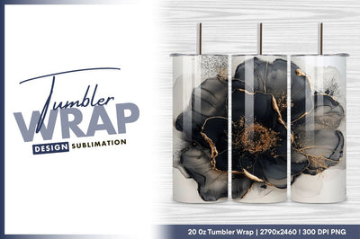 Abstract black flower gold accent ink painting Sublimation Regulrcrative 