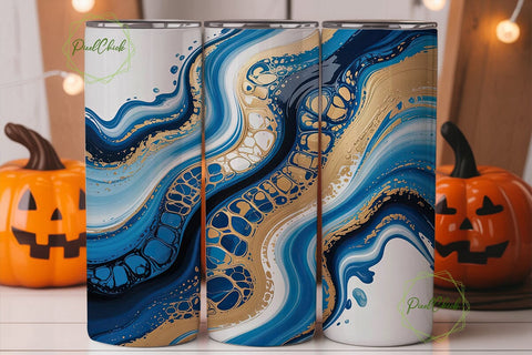Abstract Blue Gold Fluid Art Tumbler Sublimation PixelChick 