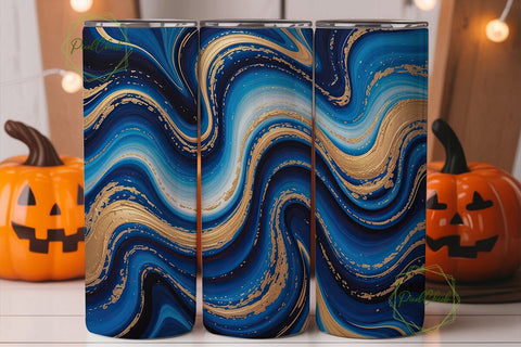 Abstract Blue Gold Fluid Art Tumbler Sublimation PixelChick 
