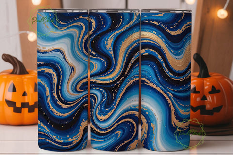 Abstract Blue Gold Fluid Art Tumbler Sublimation PixelChick 