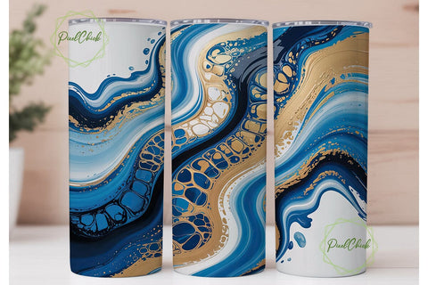 Abstract Blue Gold Fluid Art Tumbler Sublimation PixelChick 