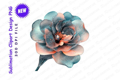 Abstract Flower With Water Droplets Blue And Orange Tones Decorative Floral Design Sublimation Regulrcrative 