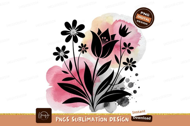 Abstract Flowers Black Silhouettes Watercolor Background Sublimation Designangry 