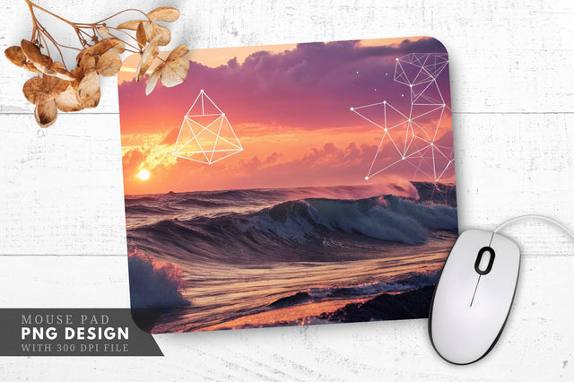 Abstract ocean sunset with geometric waves and surreal glowing shapes Mouse Pad Sublimation Regulrcrative 
