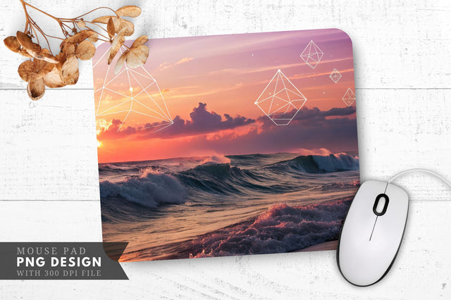 Abstract ocean sunset with geometric waves and surreal glowing shapes Mouse Pad Sublimation Regulrcrative 