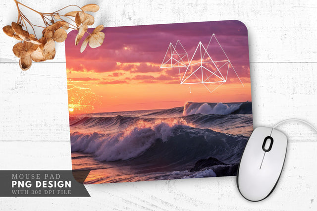 Abstract ocean sunset with geometric waves and surreal glowing shapes Mouse Pad Sublimation Regulrcrative 