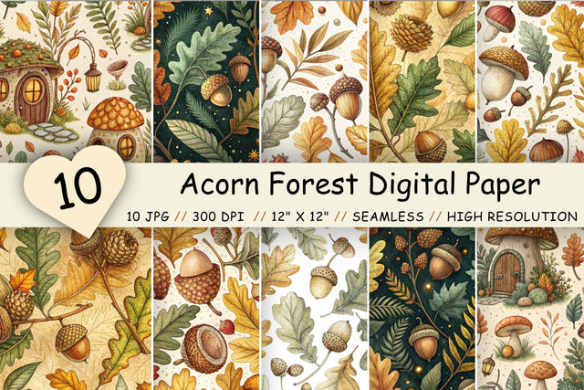 Acorn Forest Digital Paper Pack, Seamless Watercolor Pattern Bundle, Printable Scrapbook Paper, Woodland Autumn Design Collection Digital Pattern FloridPrintables 