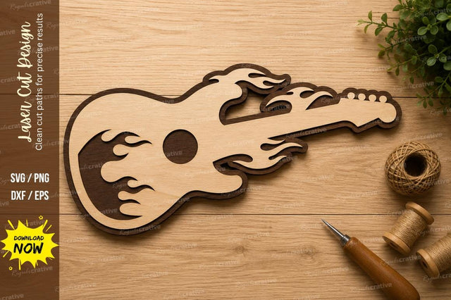 Acoustic Flame Guitar Laser Cut SVG Design SVG Regulrcrative 