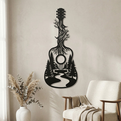 Acoustic Guitar With Forest Scene SVG | Plasma CNC Metal Wall Art File | Guitar Silhouette DXF | Laser Cut Music Decor SVG HappyDesignStudio 