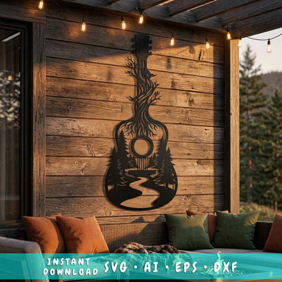 Acoustic Guitar With Forest Scene SVG | Plasma CNC Metal Wall Art File | Guitar Silhouette DXF | Laser Cut Music Decor SVG HappyDesignStudio 