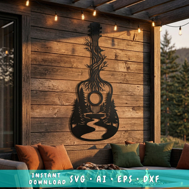 Acoustic Guitar With Forest Scene SVG | Plasma CNC Metal Wall Art File | Guitar Silhouette DXF | Laser Cut Music Decor SVG HappyDesignStudio 