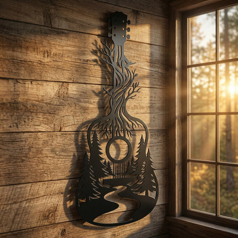 Acoustic Guitar With Forest Scene SVG | Plasma CNC Metal Wall Art File | Guitar Silhouette DXF | Laser Cut Music Decor SVG HappyDesignStudio 