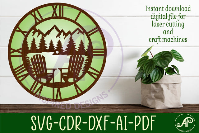 Adirondack chair mountains wall clock laser cut files SVG APInspireddesigns 