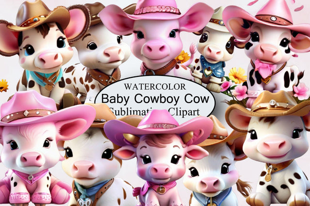 Adorable Baby Cowboy Cow Clipart Sublimation SVGArt 
