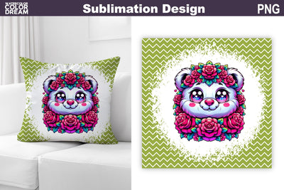 Adorable Bear Pillow Design | Pink Floral Wreath Sublimation WatercolorColorDream 
