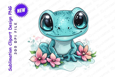 Adorable Blue Frog With Flowers Clipart Png Sublimation Regulrcrative 