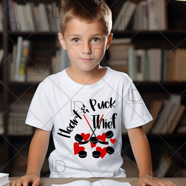 Adorable Boy Hockey Valentines Day Tshirt PNG/SVG Instant Download Easy Cut File Heart and Puck Thief Sublimation Image Hoodie Crew Neck Decal Sticker Card SVG Lexco Digitals 