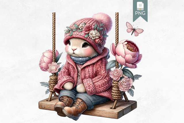 Adorable Bunny in Pink Winter Outfit on Swing Clipart Sublimation BijouBay 