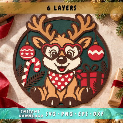 Adorable Christmas Reindeer 3D SVG | Multilayer Reindeer SVG | 6 Layer Christmas SVG | Paper Cut Reindeer | Rudolph 3D Svg SVG HappyDesignStudio 