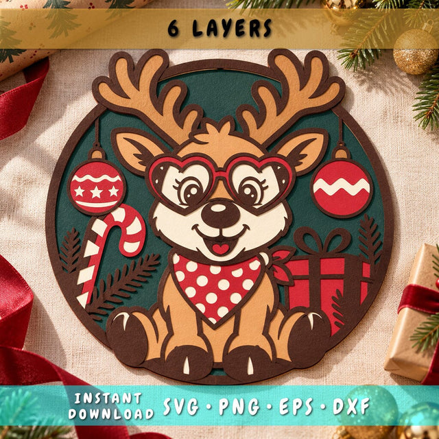 Adorable Christmas Reindeer 3D SVG | Multilayer Reindeer SVG | 6 Layer Christmas SVG | Paper Cut Reindeer | Rudolph 3D Svg SVG HappyDesignStudio 