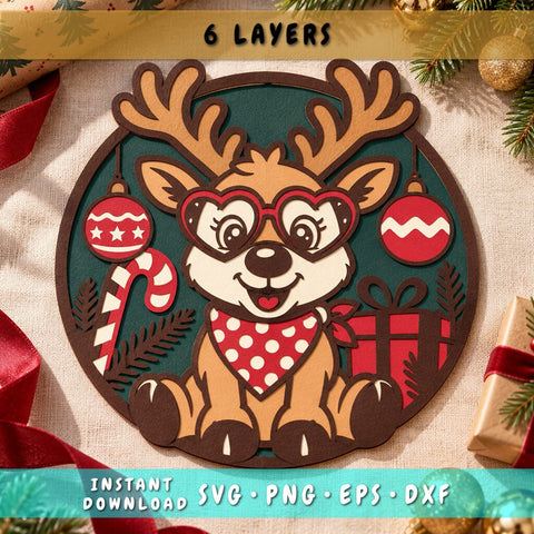 Adorable Christmas Reindeer 3D SVG | Multilayer Reindeer SVG | 6 Layer Christmas SVG | Paper Cut Reindeer | Rudolph 3D Svg SVG HappyDesignStudio 