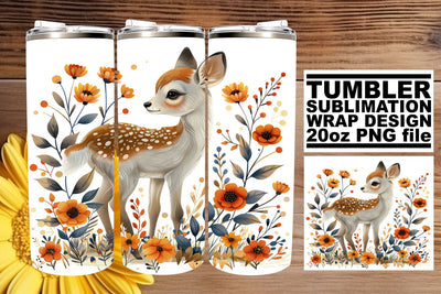 Adorable Deer & Floral Wrap Sublimation 20oz Tumbler Art Sublimation afrosvg 