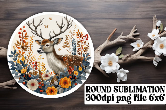 Adorable Deer & Flower Keychain Round Design Watercolor Sublimation afrosvg 